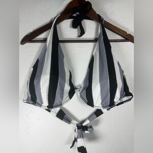 Heat Swimwear Striped Halter Bikini Top in Black, White & Gray Size F Cup